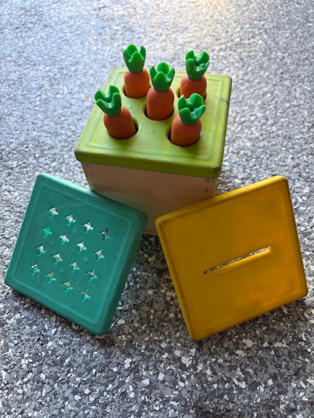 Lovevery Wooden Dropbox Stacking Shape Puzzle Toy with Orange & Green Carrots